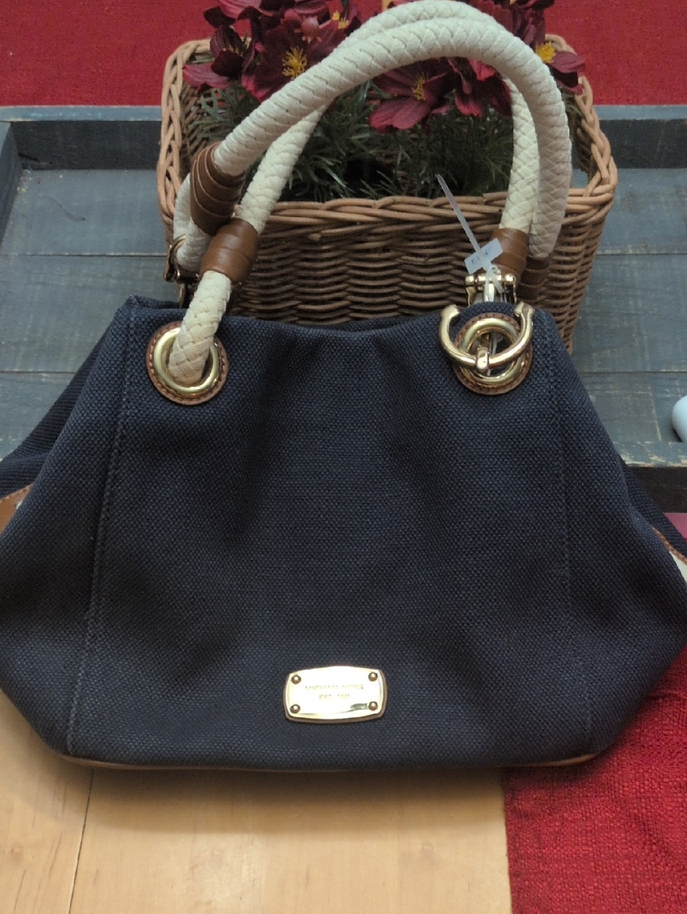 MICHAEL Michael Kors Navy Marina Canvas Tote with Rope Handles and Gold Hardware